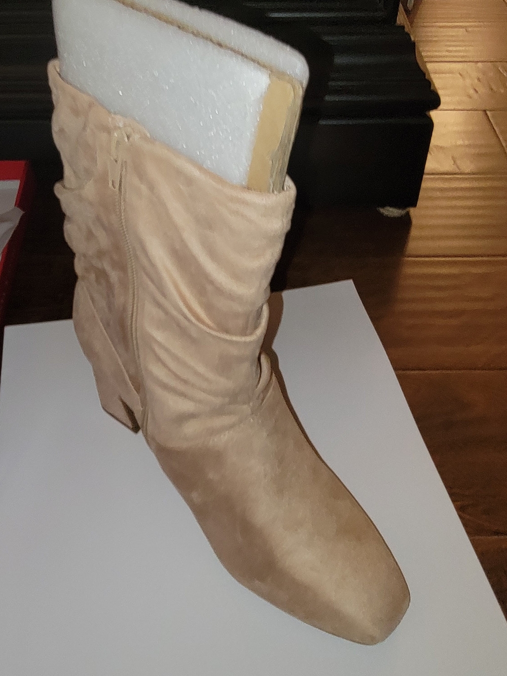 A Pair Of New 8.5 Lush Women's Ankle-High Ruched Suede Boot in Tan.